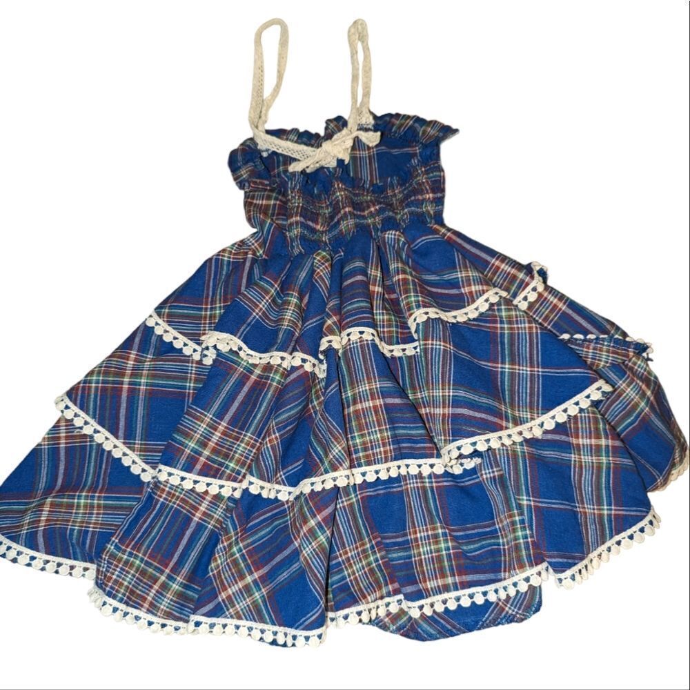 Vintage blue plaid and white lace layered ruffle dress